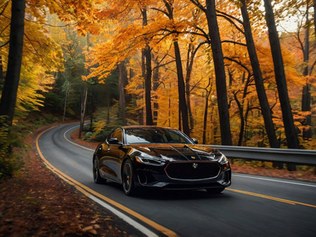 Black sport car on the road in autumn forest with yellow leaves.の素材