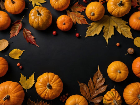 Autumn background with pumpkins, leaves and berries on black backgroundの素材