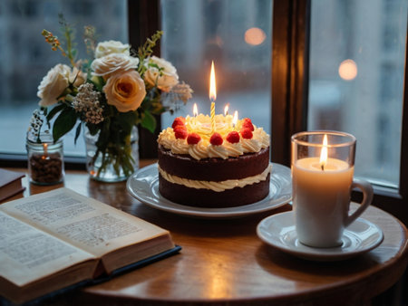 Cake with a candle on the background of the window and booksの素材