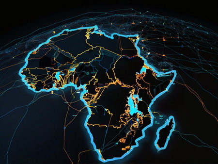World map and glowing lines on dark background. Globalization concept. 3D Renderingの素材