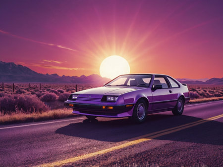Vintage car on the road at sunset. 3D Renderingの素材