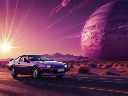Purple car on the road in the desert with the moon in the backgroundの素材