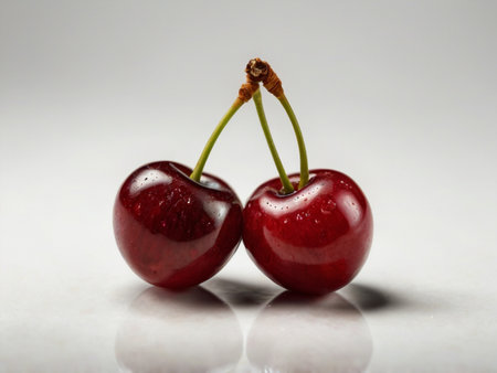Two cherries on a white background with water droplets close upの素材