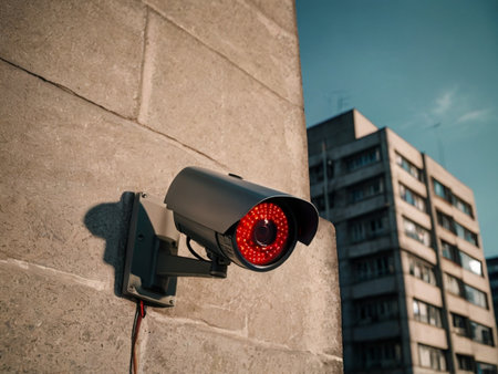 CCTV security camera on the wall of a building with a residential area in the backgroundの素材