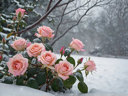 Beautiful pink roses in the snow on a cold winter day.の素材