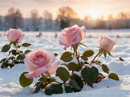 Beautiful pink roses in the snow on a sunny winter day.の素材