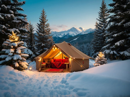 Camping tent in the winter forest. Camping in the mountains.の素材