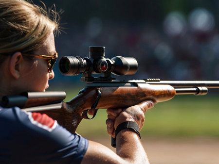 Young woman aiming at a target with a rifle. Shallow depth of field.の素材
