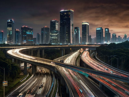 urban traffic with cityscape and skyline in Shanghai China.の素材