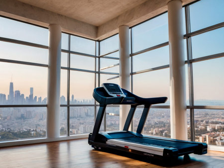 Treadmill in modern interior with panoramic city view.の素材