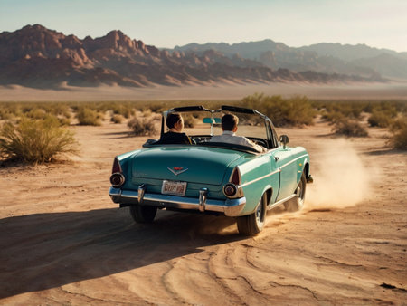 Couple in love driving a vintage car in the desert of the USAの素材