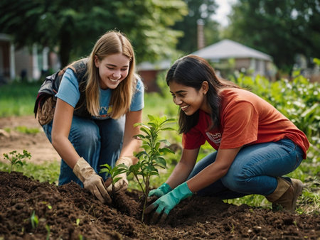Portrait of two young women planting a tree in the garden.の素材