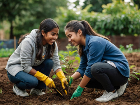 Two young women planting trees in the garden. They are smiling and looking at each other.の素材