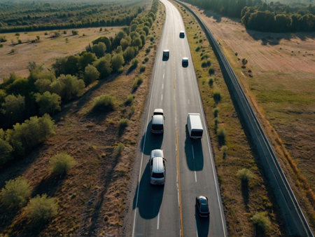 Aerial view of cars on the road in countryside. Top viewの素材