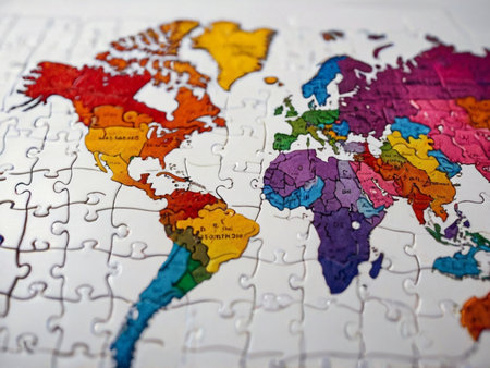 Colorful jigsaw puzzle with world map on the white background.の素材