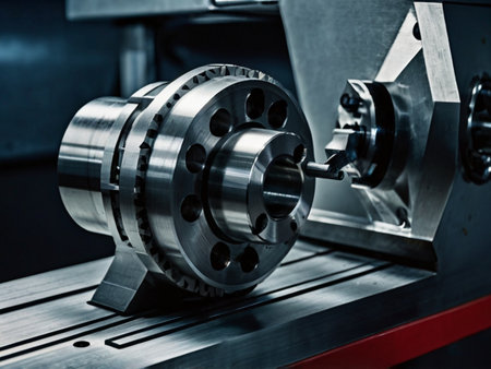 The CNC lathe machine cutting the metal shaft parts. The hi-technology automotive part manufacturing process by CNC machining center.の素材