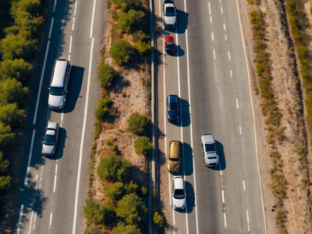 Aerial view of highway with cars and trucks. Top view from droneの素材