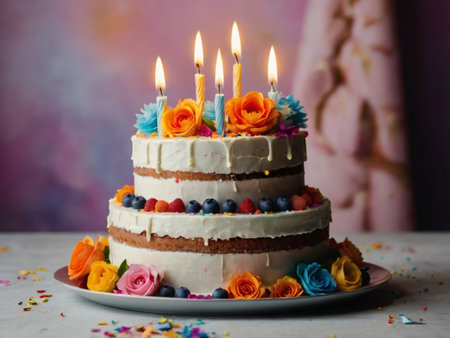 Birthday cake with candles and flowers on table, on light backgroundの素材