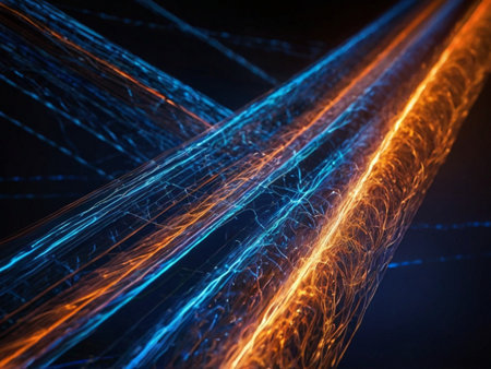 Abstract light lines background. Glowing lines in space. Futuristic technology style.の素材