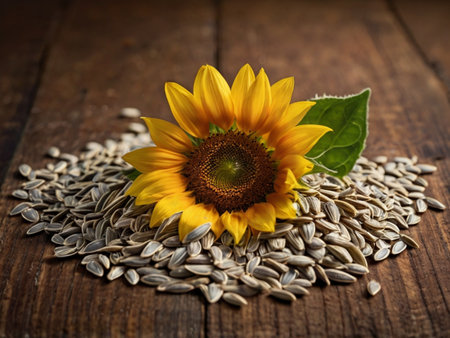 Sunflower seeds and sunflower blossom on wooden table background.の素材