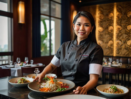 Beautiful asian waitress serving noodle in the restaurant. Asian woman serving noodle.の素材
