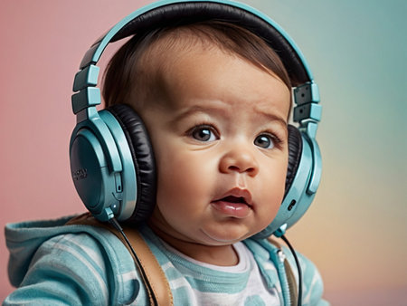 Cute baby listening to music with headphones on pink and blue backgroundの素材
