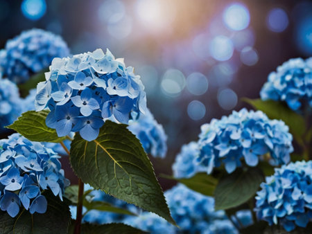 Blue hydrangea flowers with bokeh background, close upの素材