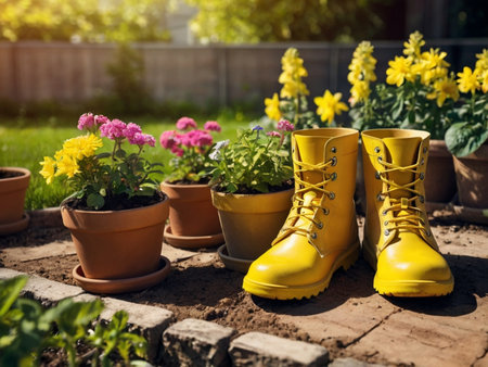 Yellow rubber boots with flowers in pots on the ground. Gardening concept.の素材