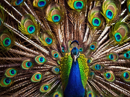 Portrait of beautiful peacock with feathers out. Close up.の素材