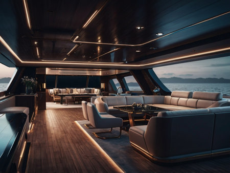 Luxury cruise ship interior with seats and deck. 3d renderingの素材