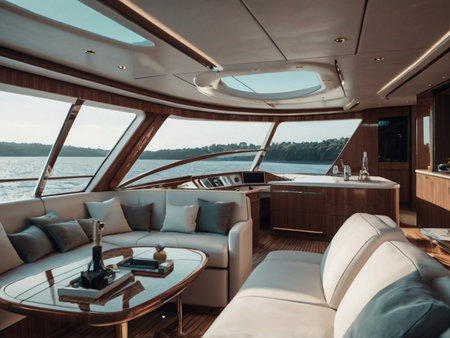 Luxury yacht interior. View from the deck of a luxury yacht.の素材