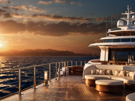 Luxury yacht in the sea at sunset. Luxury cruise ship.の素材