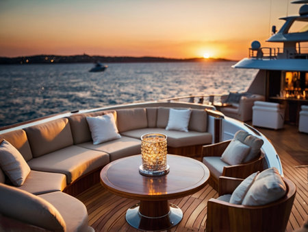 Luxury restaurant on the deck of a cruise ship at sunsetの素材