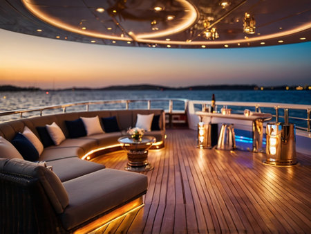 Luxury yacht deck with seats and armchairs at night.の素材