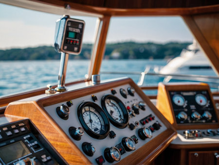 Steering wheel and dashboard of a luxury yacht in the open seaの素材