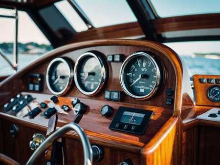 Steering wheel and dashboard of a yacht, close-up.の素材