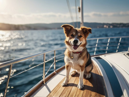 Cute welsh corgi dog on a yacht at sunset.の素材