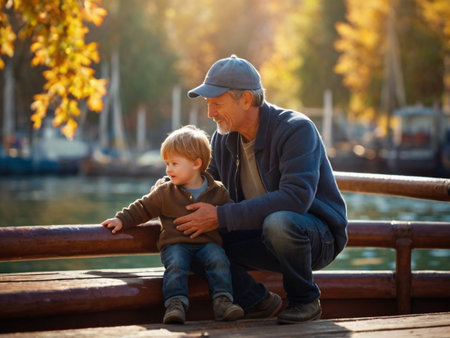 Grandfather and grandson sitting on a pier in the park. Autumn day.の素材