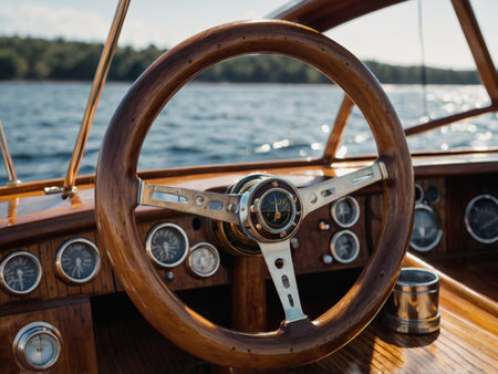 Steering wheel of a wooden yacht on the background of the seaの素材