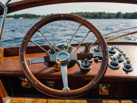 Steering wheel of a vintage boat on the background of the seaの素材