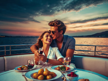 Romantic young couple enjoying romantic dinner on a yacht at sunset.の素材