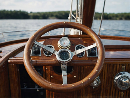 Steering wheel of a sailing yacht on the background of the riverの素材