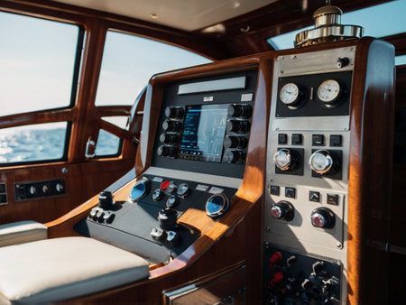 Steering wheel and control panel of a ship. View from the deck.の素材