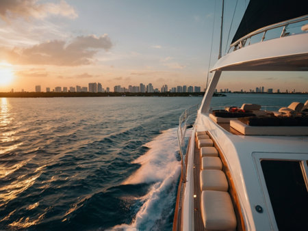 Yacht sailing in the sea at sunset. Sunset over the city.の素材
