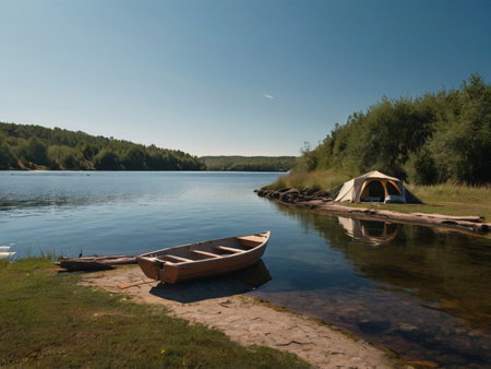Camping on the bank of the river in the summer, Russiaの素材