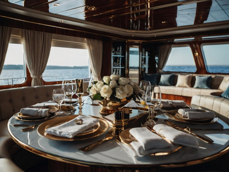 Interior of a luxury cruise ship. Luxury table setting.の素材