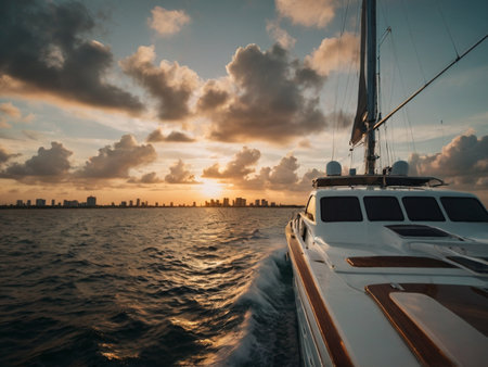 Yacht sailing in the sea at sunset. Luxury yachts in the sea.の素材