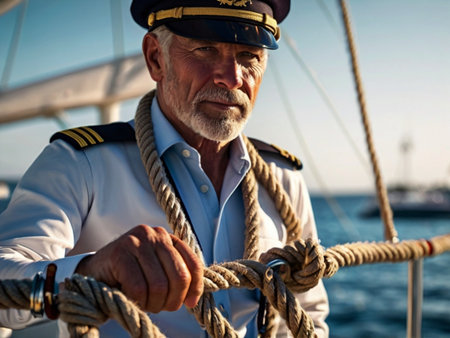 Close-up of a senior sailor on the deck of a sailing yachtの素材