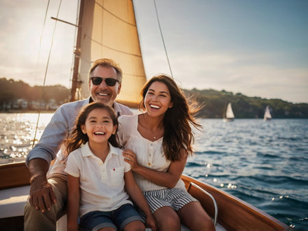 Happy family on a sailboat at sunset. They are smiling and looking at camera.の素材