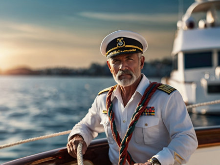 Senior captain on board of a sailing yacht at sunset. Travel, vacation, cruise conceptの素材
